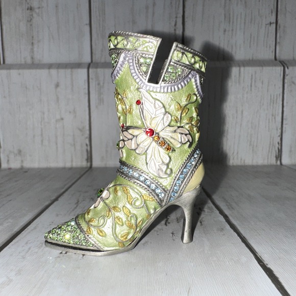 Beautiful Miniature Pewter Bootie Shoe Dollhouse Fairy Garden Ornate Green - Picture 3 of 7